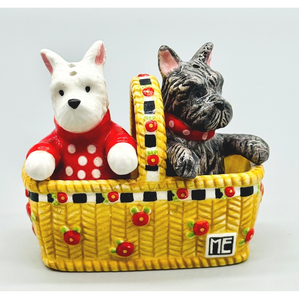 Mary Engelbreit Scottie Westie Dog Salt and Pepper Shakers Basket Set 2002